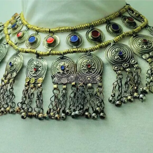 Gypsy Statement Necklace, Handmade Multi Layer Afghan Choker with Bells - Picture 5 of 10